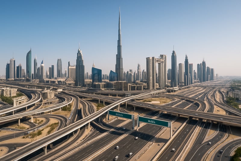 Dubai skyline with major highways and toll gates Dubai skyline with major highways and toll gates