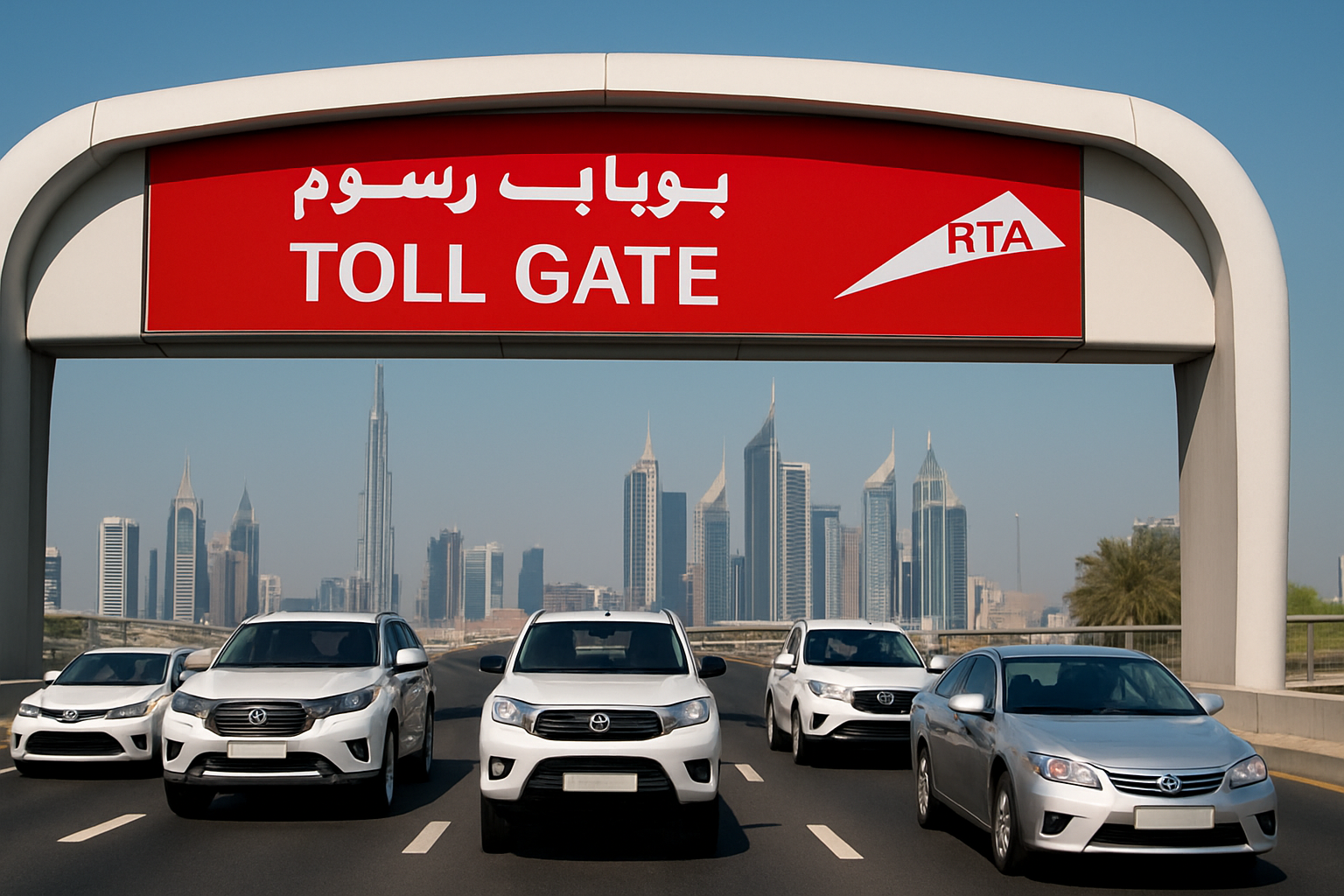 Vehicles passing through a Dubai toll gate