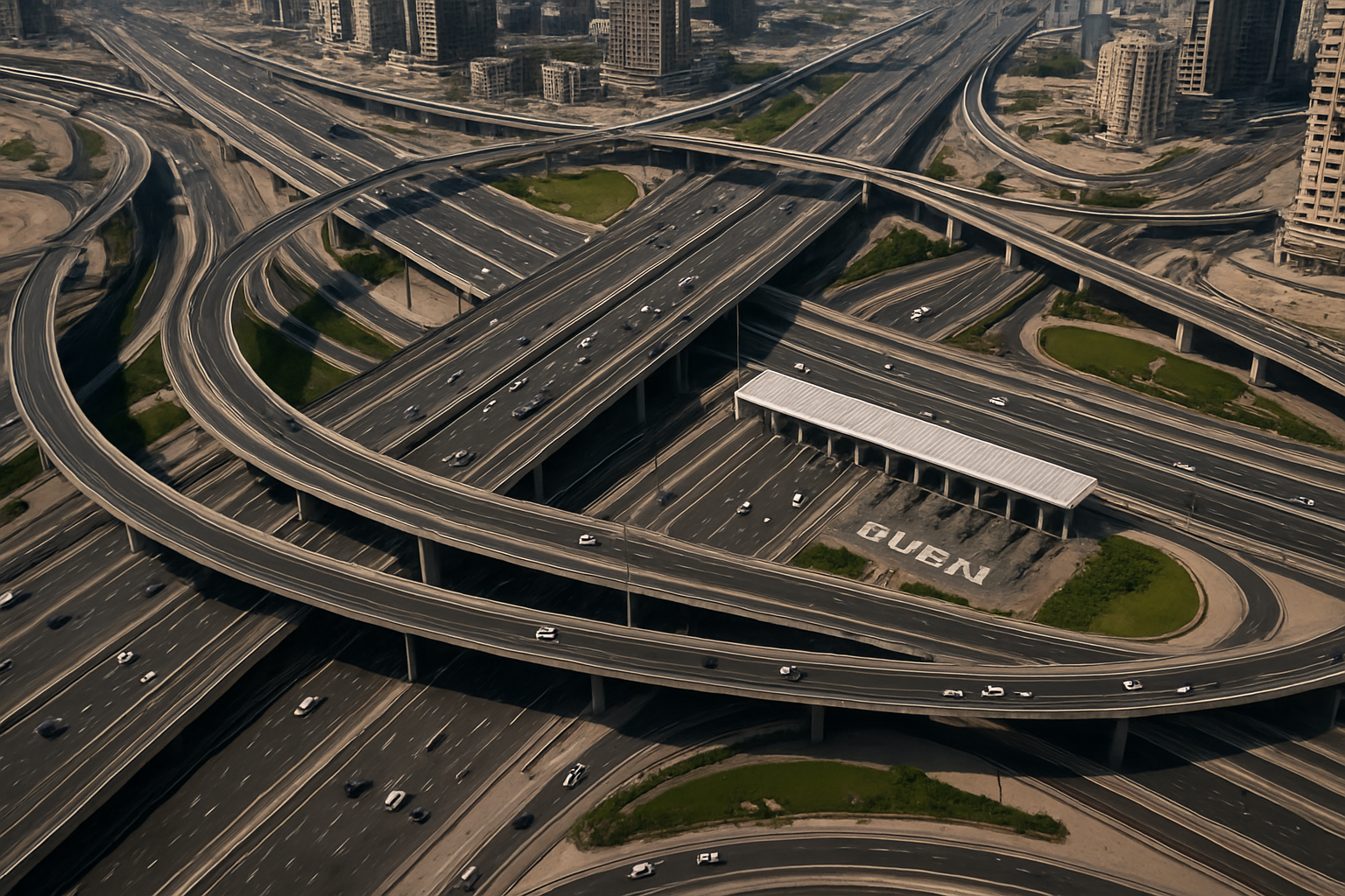 Aerial view of multiple highways and toll roads in Dubai