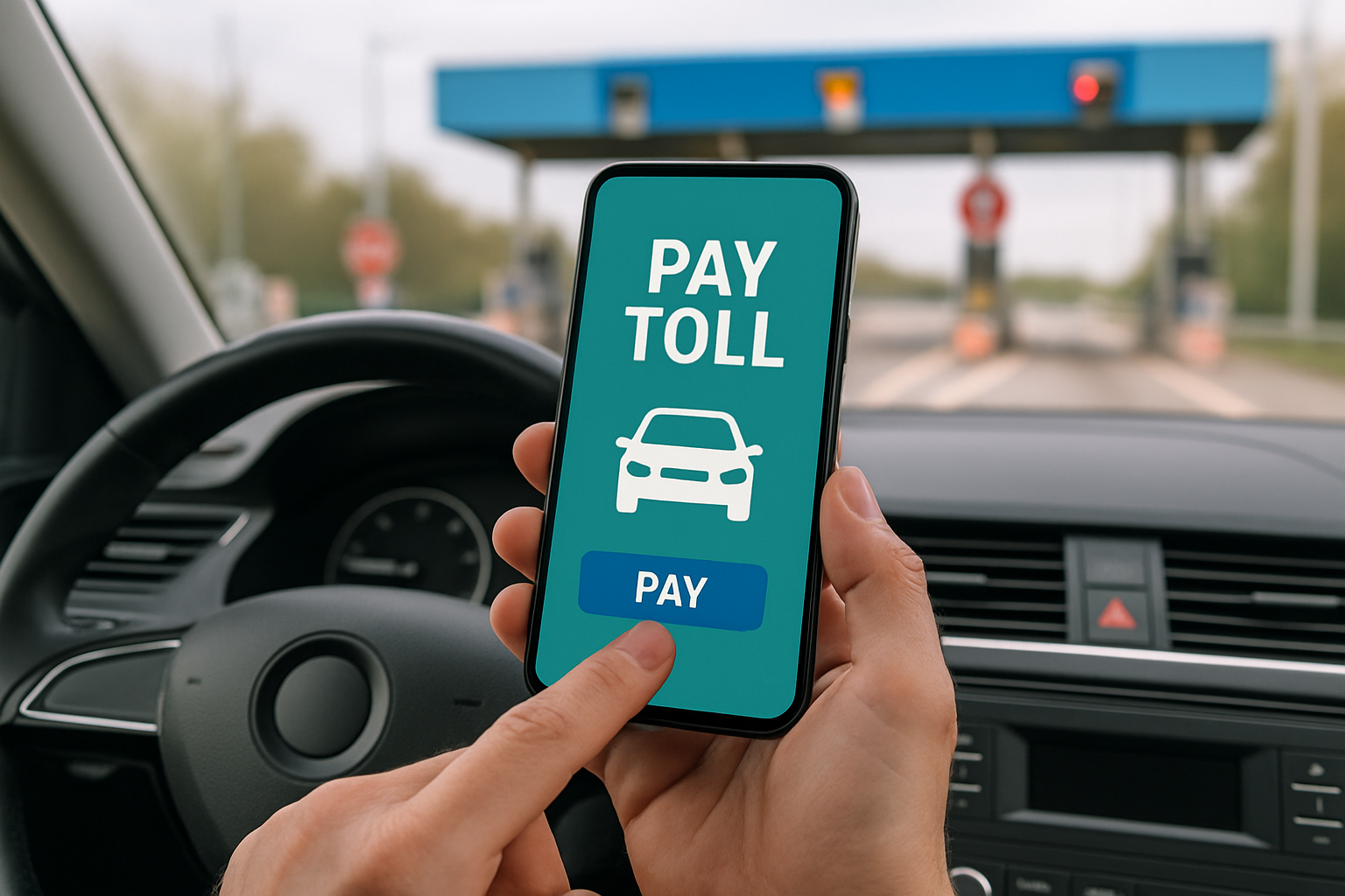 Driver using a mobile app to pay road tolls